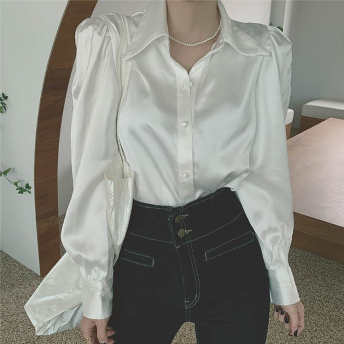   【トップス】無地長袖シンプルパフスリーブギャザー飾り折襟シングルブレストシャツ·ブラウス  