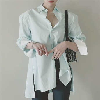   【トップス】品質いい 配色長袖通勤/OL切り替えスリットPOLOネックシングルブレストシャツ·ブラウス  
