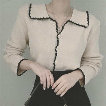   【トップス】絶対欲しい配色長袖シンプル折り襟シングルブレストセーター  
