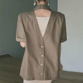   【トップス】 ファッション 半袖 透かし彫り 折襟 ボタン スーツジャケット  