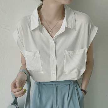   【トップス】 優しい雰囲気 シンプル 半袖 切り替え シングルブレスト 折り襟 シャツ·ブラウス  
