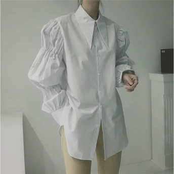   【トップス】シンプル無地長袖パフスリーブ折り襟シングルブレストシャツ·ブラウス  