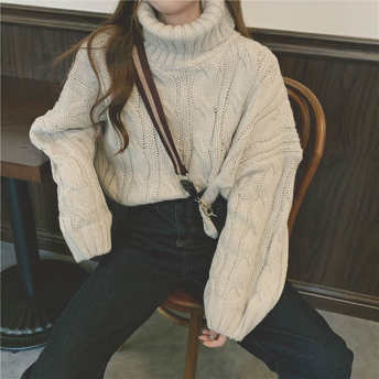   【トップス】気質ファッションハイネック長袖切り替えゆったり無地ニットセーター  