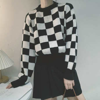   【トップス】個性的なデザインファッション ラウンドネック 長袖 チェック柄 ミックスカラー ニットセーター  