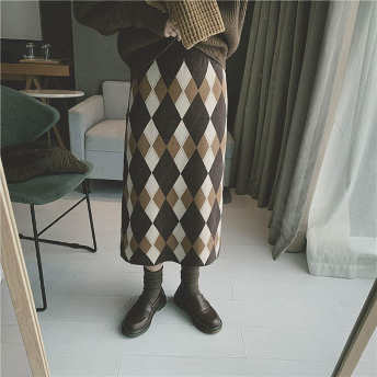   【ボトムス】特別デザインシンプルファッションチェック柄ニットハイウエストスカート  