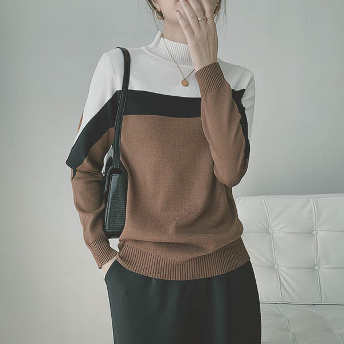   【トップス】絶対欲しいファッションプルオーバー配色シンプルハーフネックニットセーター  