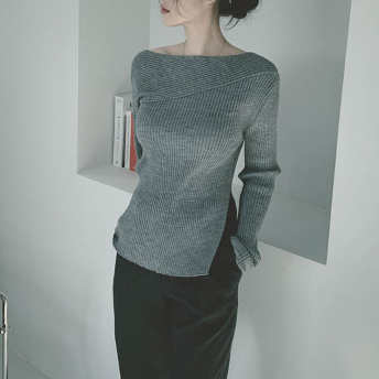   【トップス】上品さたっぷり ファッション韓国系 無地 ワンショルダー スリット ニットセーター  