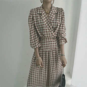   【ワンピース】韓国風ファッション チェック柄 ウエストボタンアップ 長袖 折襟 ワンピース  