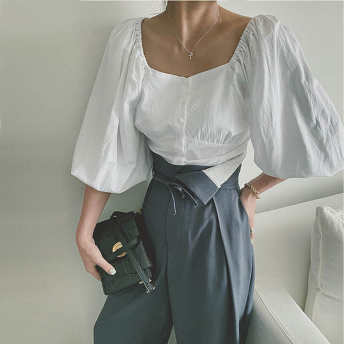   【トップス】柔らかくて優しい印象ファッションシンプル半袖 シングルブレスト  ランタンスリーブTシャツ  
