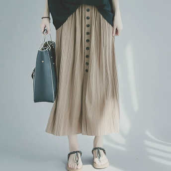   【ボトムス】全4色 ロング丈 ボタン飾り ギャザ スリット レディースファッション スカート  