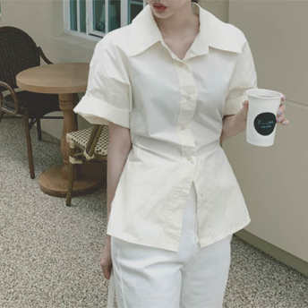   【トップス】可愛いデザイン韓国風ファッション無地シングルブレスト 半袖シャツ·ブラウス  