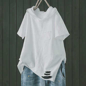   【トップス】合わせやすい シンプル 無地 フード付き ダメージ加工 体型カバー 半袖 Tシャツ  