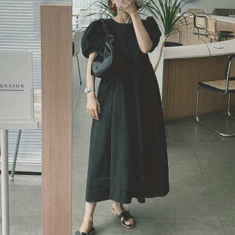   【ワンピース】可愛いデザイン韓国風ファッション無地ロングプルオーバー半袖ワンピース  