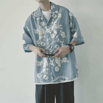   【トップス】夏大活躍 プリント 韓国系 半袖 シングルブレスト ゆったり メンズ カジュアルシャツ  