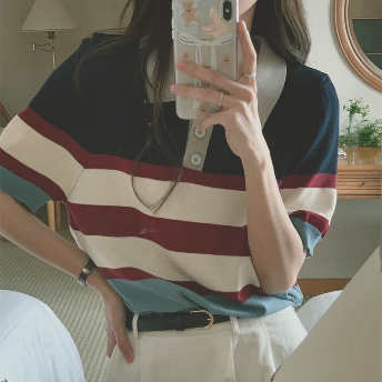   【トップス】可愛いデザイン韓国風ファッションおしゃれボーダープルオーバーTシャツ  