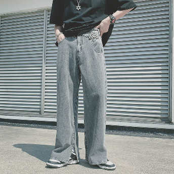   【ボトムス】ルーズに穿ける リラックス ゆったりタイプ スリット幅デザイン デニムパンツ  