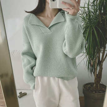   【トップス】柔らかくて優しい印象ファッション プルオーバー 無地  折り襟 韓国系 ニットセーター  