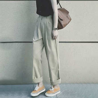   【ボトムス】韓国風ファッション シンプル ボタン ハイウエスト 無地 パンツ  
