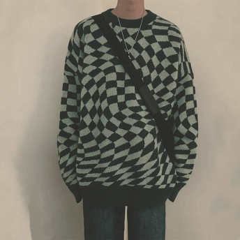   【トップス】おしゃれ度アップ韓国風ファッションチェック柄プルオーバーニットセーター  