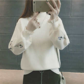   【トップス】美人度アップファッションプリントハーフネックランタンスリーブニットセーター  