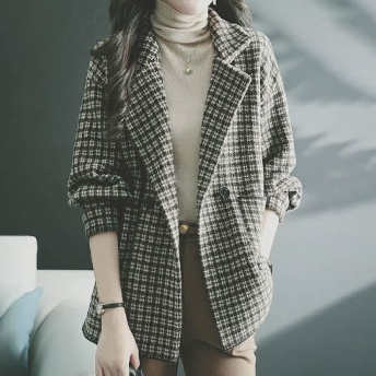   【アウター】韓国風ファッション チェック柄 着痩せ効果 長袖 スーツジャケット  