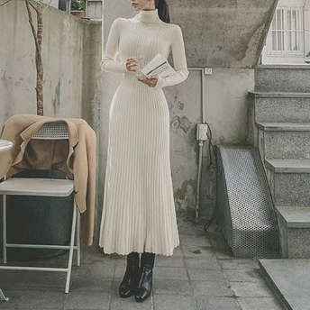   【ワンピース】韓国風ファッション  シンプル ハイネック ギャザー 合わせやすい インナー 長袖ワンピース  