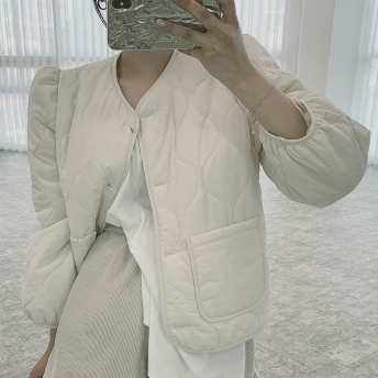   【アウター】韓国系 個性派 幾何柄 ラウンドネック パフスリーブ 綿入れコート  