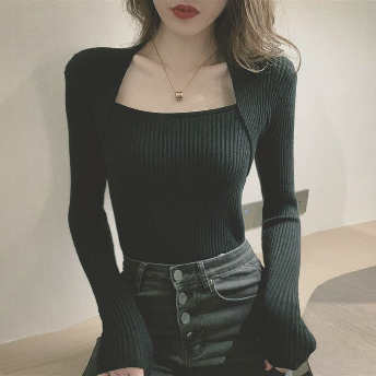   【トップス】好感度UP韓国風 無地 長袖 ファッション スクエアネック ニットセーター  