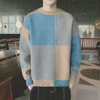   【トップス】絶対流行韓国系 レトロ チェック柄 配色 ラウンドネック メンズ ニットセーター  