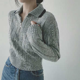   【トップス】楽天人気アイテム 韓国系 3色展開 折り襟 ジッパー  ショート丈 ニットセーター  