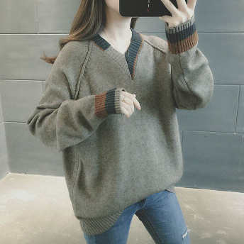   【トップス】大流行新作韓国風ファッション ｖネック配色 ゆったり 長袖  伸縮性あり  ニット セーター  
