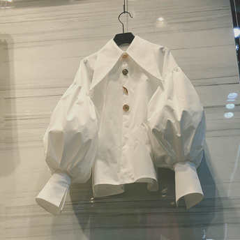   【トップス】個性的なデザイン シンプル ファッション ランタンスリーブ ギャザー  折り襟 シャツ  
