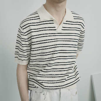   【トップス】韓国風ファッション ボーダー Poloネック ゆったり メンズ 半袖 Tシャツ  