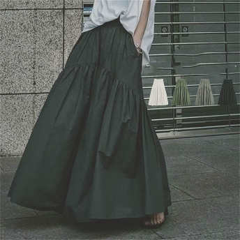   【ボトムス】韓国風ファッション  シンプル 無地 ギャザー Aライン ハイウエスト スカート  