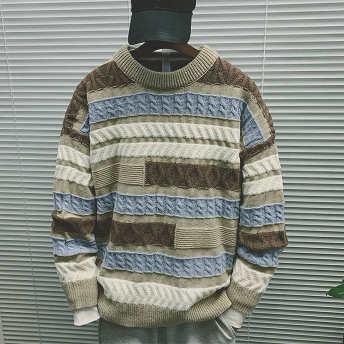  【トップス】韓国風ファッション ボーダー ラウンドネック メンズ ニットセーター  