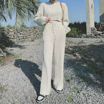   【ボトムス】女っぽさが漂う シンプル長袖ラウンドネックプルオーバーショート丈セーター+パンツ二点セット  