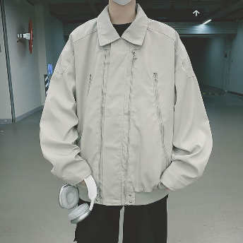   【アウター】韓国風ファッション 折り襟 ジッパー 切り替え 長袖 ジャケット  