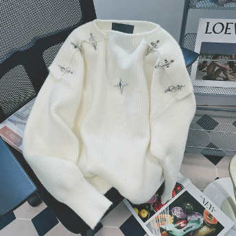   【トップス】特別デザイン カジュアル ラウンドネック 金属飾り 長袖 プルオーバー セーター  