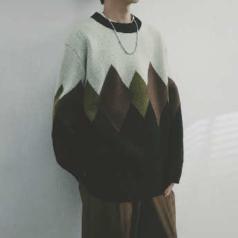   【トップス】気質アップ 幾何模様 長袖 定番 配色 プルオーバー 韓国系 セーター  