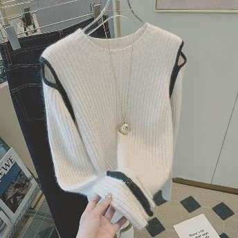   【トップス】超目玉アイテム 着痩せ効果 ラウンドネック 配色 透かし編み 切り替え ニットセーター  