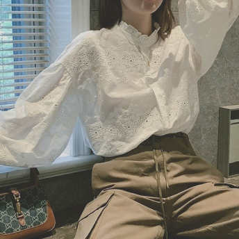   【トップス】超かわいい スウィート 刺繍 透かし編み シングルブレスト シャツ  