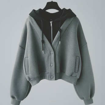   【アウター】レイヤード / 重ね着風カジュアル長袖ポケット付きフード付きジャケット  